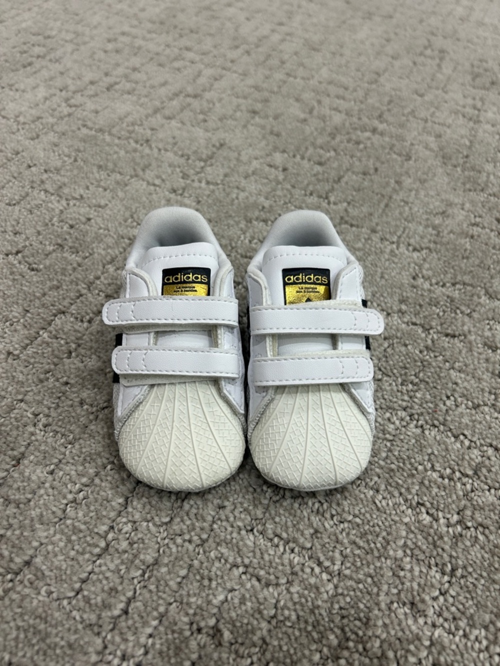 adidas Kids White Velcro Shell-Toe Sneakers with Gold Logo